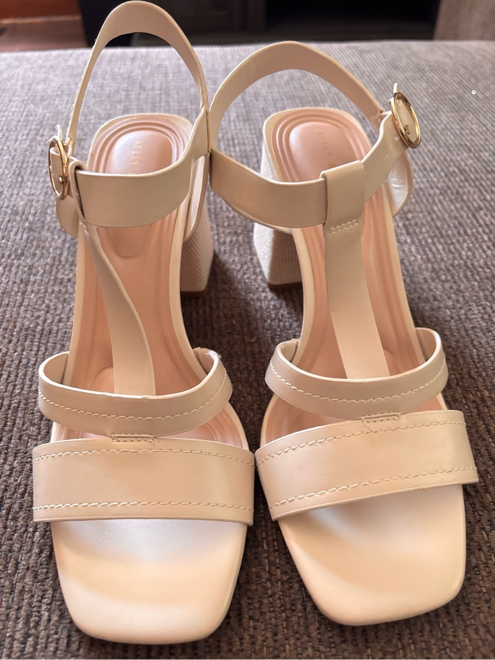 Kelly & Katie Cream T-Strap Block Heel Sandals